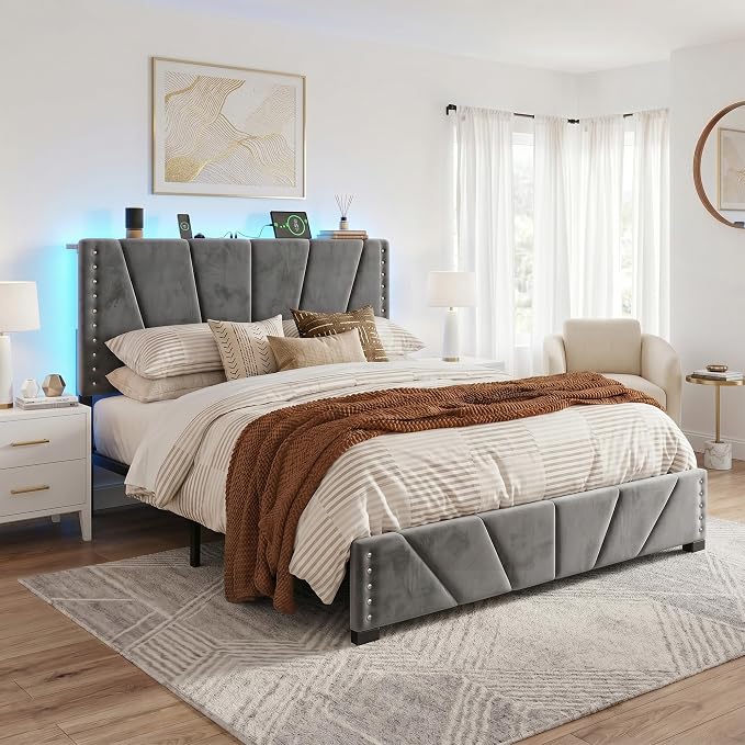 EnHomee Queen Bed Frame with LED Lights & USB, Noise-Free, Charcoal Grey | Adjustable Velvet Headboard，Under-Bed Storage，Heavy Duty Support with 12 Slats，No Box Spring Needed，Easy Assembly for Bedroom