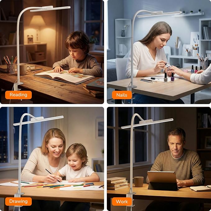 Lepro Desk Lamp with Clamp, Led Clip on Desk Lights for Home Office, White | 11W 750LM Eye Caring Task Light, 25 Lighting Modes, Flexible Gooseneck, Architect Lamp for Monitor, Workbench, Draft, Crafts