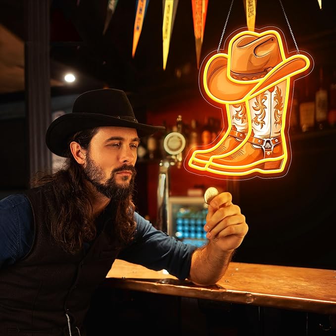 Cowboy Boot with Hat Neon Signs for Wall Decor, Western Cowboy LED Sign Light Up, Dimmable Neon Light for Game Room Man Cave Bedroom Bar Party Birthday Gifts