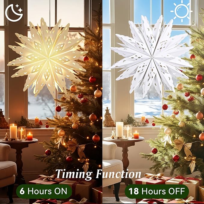 Lewondr Christmas Paper Star Lantern 5 Pack, Unique Flower Shape Lights with Remote Control, LED Paper Lanterns with 6H Timer for Holiday Home Decoration, 17.72 × 17.72 × 1.97 Inch, Warm Light