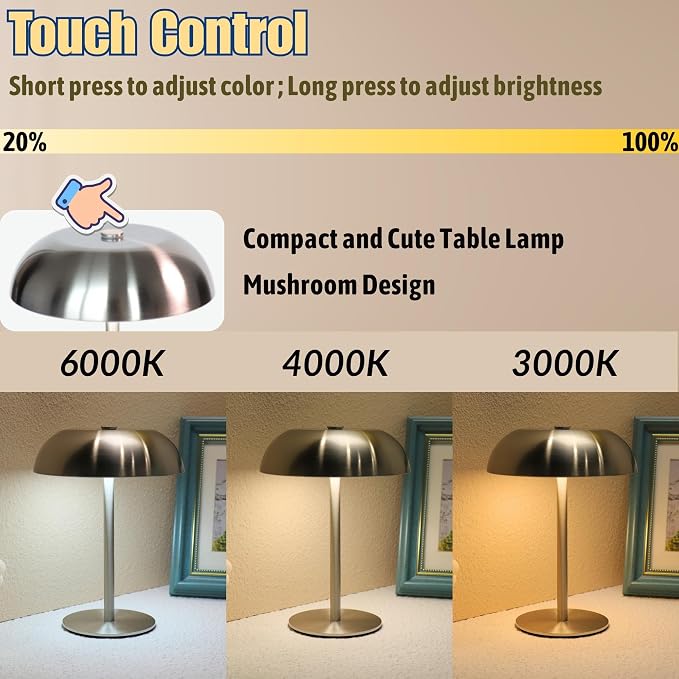 2 Pack Cordless Mushroom Table Lamp, Rechargeable, Dimmable 3 Color, Silver | Small, 8.46in, Portable, Easy to Assemble, Metal Structure, Rechargeable, Suitable for Bedroom, Café, and Bar Counter