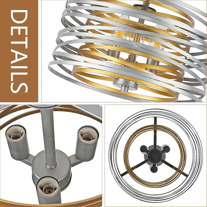 ACNKTZ 12.6'' Drum Pendant Light Fixture Hanging, Retro Semi Flush Mount Chandelier, Silver Chandeliers for Dining Room Bedroom Stairwell Breakfast Area, Silver with Gold Interior