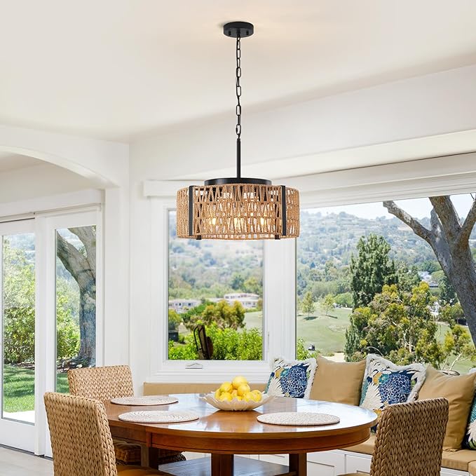 Boho Rattan Chandelier,4-Light 17.7”Chandeliers for Dining Room Hand Woven Rattan Light Fixture Farmhouse Chandeliers for Kitchen Island Bedroom, Living Room, Foyer (E26 Bulbs Not Included