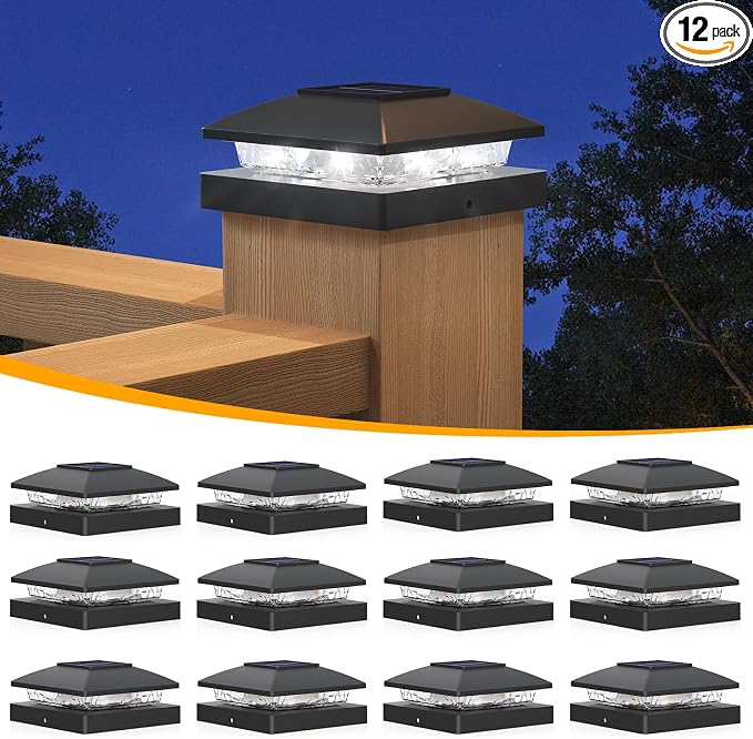APONUO Solar Post Cap Lights for 4x4 Posts - IP64 Waterproof, 6500K LED, No-Wire Fence Lights & Deck Lights for Patio Garden Yard Patio, Black-Cool White, 12 Pack