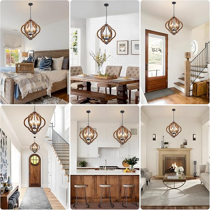 6-Light Farmhouse Chandelier, Rustic Wood Dining Room Light Fixture with Dark Brown Wood & Gold Metal, Easy to Install for Kitchen, Entryway, Bedroom, Living Room