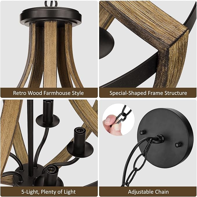 17.7" Modern Farmhouse Geometric Chandelier Light Fixture, 5-Light Adjustable Height Rustic Hanging Pendant Lighting for Dining Room Foyer Kitchen Island, ‎Retro Wood Texture and Black Finish