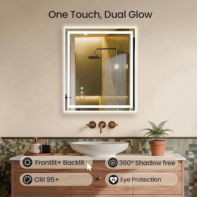 24x30 LED Bathroom Mirror with Anti-Fog, Backlit & Front Lit, Memory | Stepless Dimmable 3 Color CRI 95+ Shatterproof Tempered Glass ETL Listed for Safety Lighted Bathroom Vanity Mirror for Wall