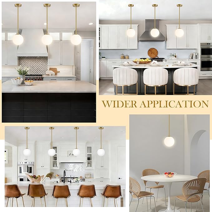6" Globe Pendant Light Gold 2 Pack Mid Century Pendant Light Globe Pendant Lights Kitchen Island Brushed Brass Finished with Milk Glass Adjustable Ceiling Light Fixtures for Dining Room Bar