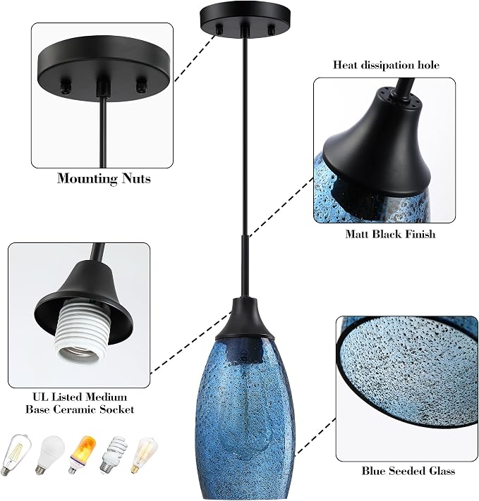 Viinew Mini Glass Pendant Light 3-Pack Dark Blue Seeded Hanging Light | Handblown Dark Blue Marble Art Glass Shade Ceiling Light 4.72" Hanging Pendant Light for Kitchen Island,Dining Room