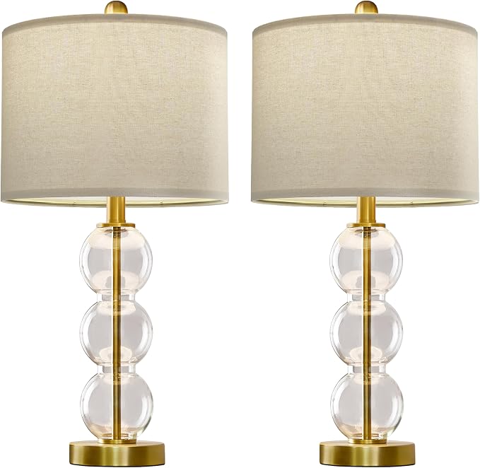 25" Glass Table Lamps Set of 2, Gold Modern Table Lamps with USB Ports for Living Room, Linen Shade Bedside Lamps for Bedroom, Nightstand, Side Table (Bulbs not Included)