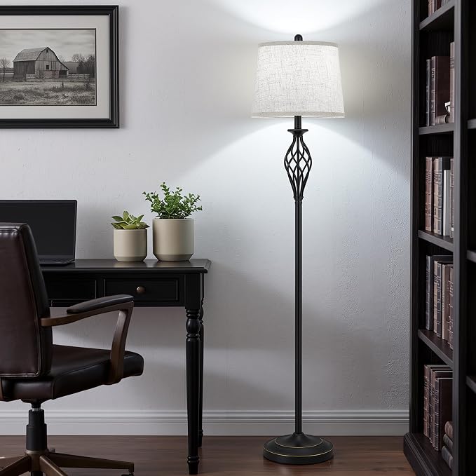 EJIAXIN Floor Lamps for Living Room - 62" Farmhouse Vintage Standing Lamp for Bedroom with Adjustable Color Temperatures,Black Tall Lamp with Linen Shade,Reading Light for Home Office,Bulb Included