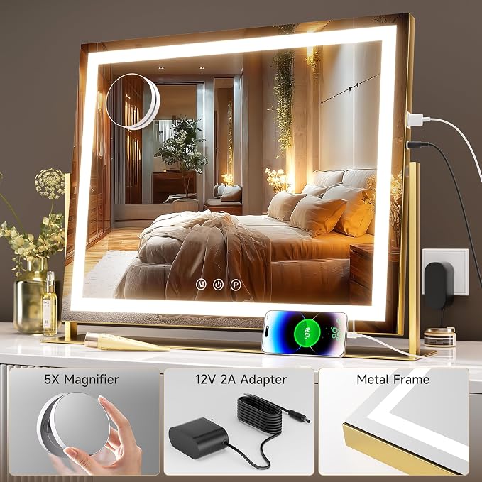 Hasipu Vanity Mirror with Lights, 23.6" x 18.1" LED Makeup Mirror, Light up Mirror with 10X Magnification, USB Charging Port, Smart Touch 3 Colors Dimmable, 360° Rotation (Gold)