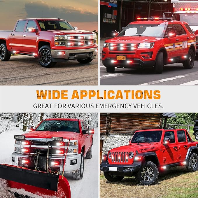 XRIDONSEN 8PCS Sync Grill Emergency Lights 32 LED Red White Firefighter Lights Grille Surface Mount Strobe Flashing Warning Safety Hazard First Responder Light for Vehicles POV Fire Fighter Trucks