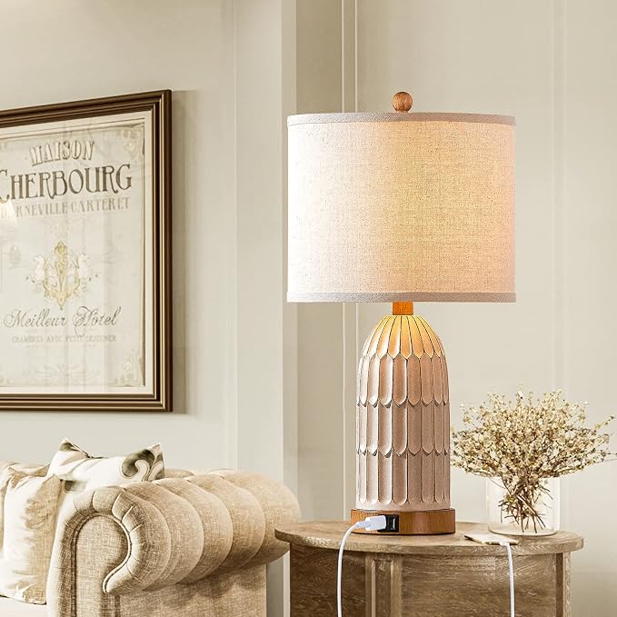 Farmhouse Table Lamps Set of 2,Nightstand Bedside Lamps for Bedroom | 3-Way Dimmable Touch Control,2 USB Charging Ports,Boho,White, Vintage, LED Bulbs Included, Living Room,End Table