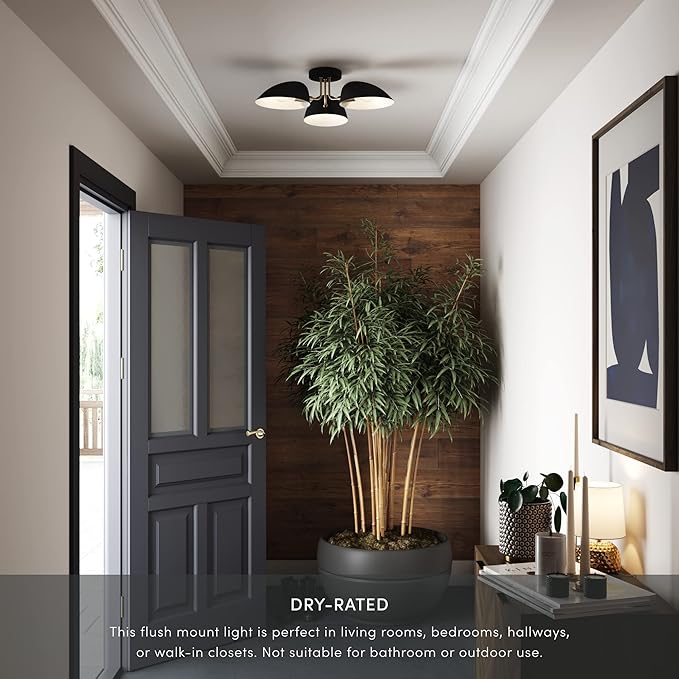 Nathan James Argo Semi Mount Flush Ceiling Light, 3-Lights Modern Retro Lighting with Black Rounded Shades for Hallway, Dining Room and Bedroom, Vintaged Brass/Black
