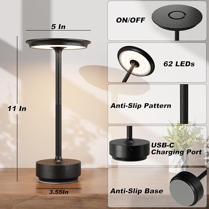 TBBGA 1 Pack Rechargeable Table Lamps Cordless, 5000mAh Outdoor Table Light | 3 Color Stepless Dimming Portable LED Table Lamp with Memory Function, for Home/Dinner/Patio/Restaurant.(Diamond Black)