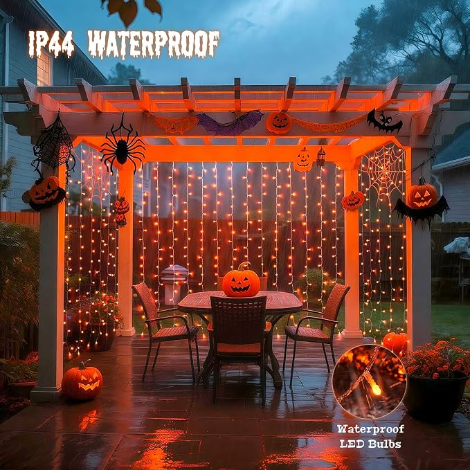 JMEXSUSS Orange Curtain Lights for Halloween, USB Plug in, 200 LED | Remote Control, Halloween Curtain String Lights, 8 Modes Orange Hanging Window Lights for Bedroom Party Indoor Outdoor Decor