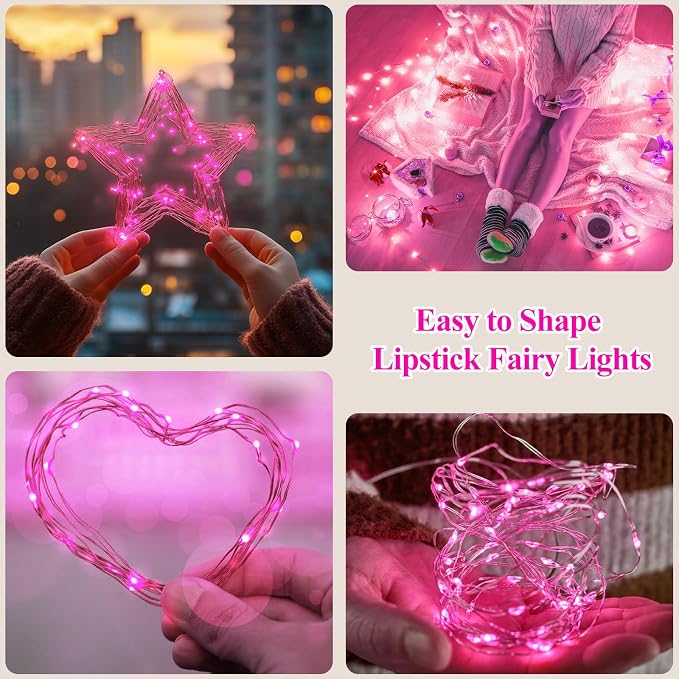 16FT(5M) Pink Copper Wire Fairy Lights, Rechargeable Battery Operated String Lights with Timer, 8 Modes Waterproof Mini LED Twinkle Lights for Bedroom Christmas Wedding Centerpiece Table Decor