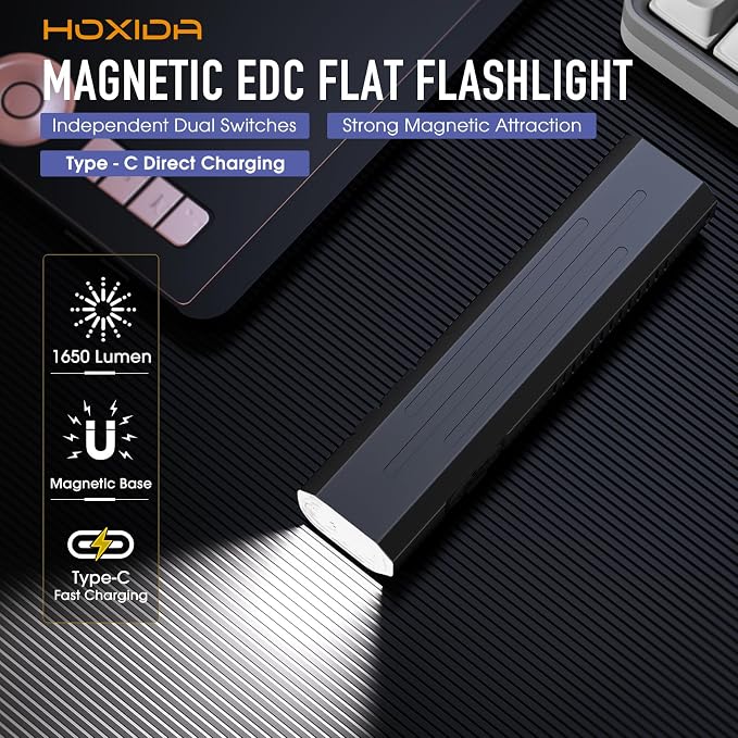 2pack Rechargeable EDC Flashlight - Emergency One Click Strobe Mode, 1600 High Lumens Portable Pocket light Mini Flashlight , Magnetic Small EDC Slim Flat Flashlight for Working Camping Repairing
