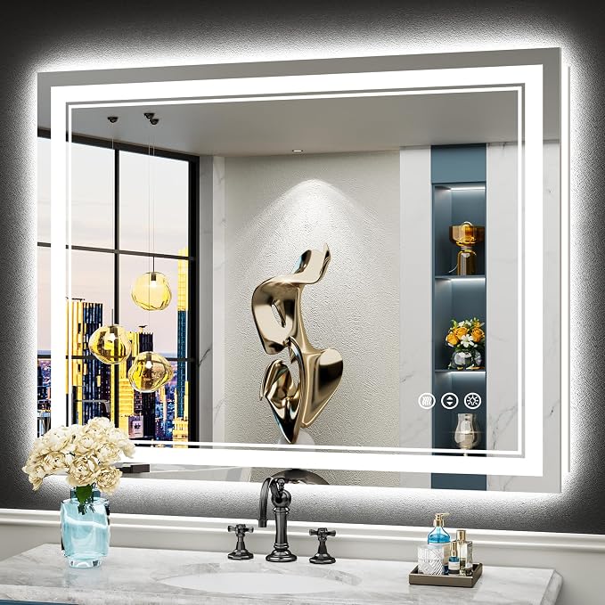 44x36 LED Bathroom Mirror, Backlit & Front Lit Lighted Mirror | Anti-Fog Vanity Mirror with Lights, 3 Color Dimmable, Memory, HD Tempered Glass, CRI95, IP54, UL Listed, Horizontal/Vertical