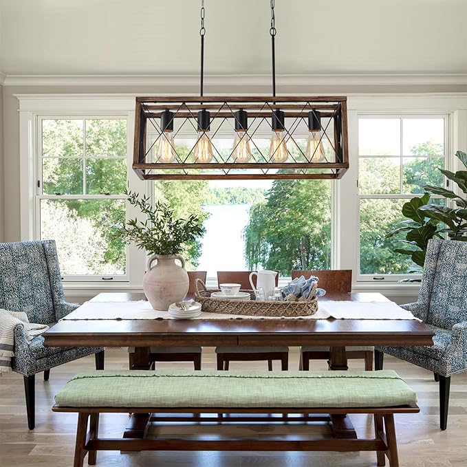 KEESFU 5-Light Farmhouse Chandeliers for Dining Room, Kitchen Island Lights | Farmhouse Light Fixtures with Adjustable Height; Dining Room Light Fixture for Table & Over Sink; Wood Grain color;E26 Base