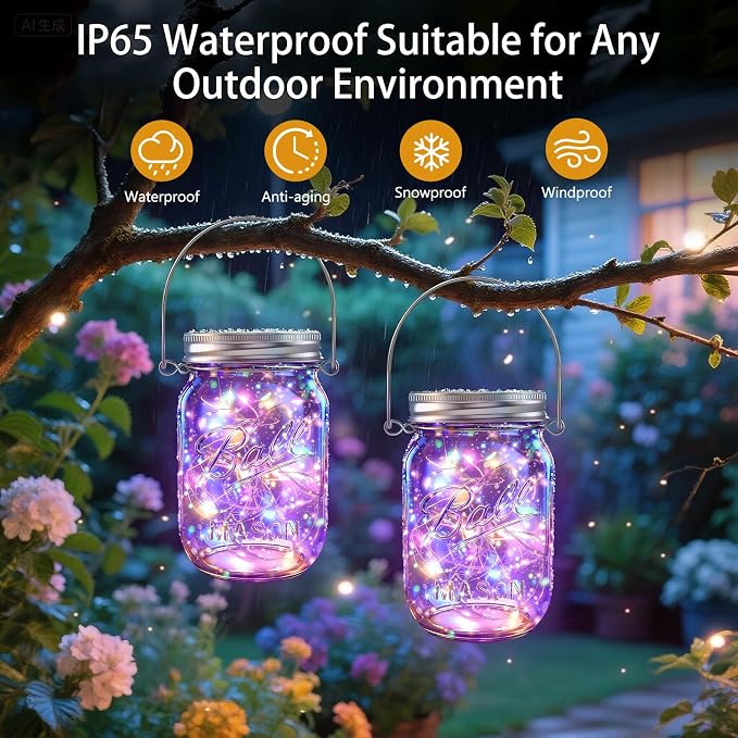 Solar Mason Jar Lights, 12 Pack 30 LED(NO Jars) Firefly Fairy String Lights, Waterproof Outdoor Solar Mason Jar Lid Lights with Hangers for Patio Garden Yard Wedding Decoration - Multicolor