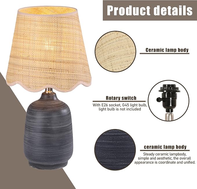 19" Modern Ceramic Table Lamp for Living Room Cream Base Desk Lamps for Bedroom Farmhouse Bedside Nightstand Lamp End Table Lamps,White Striped Black Base,Rattan Shade