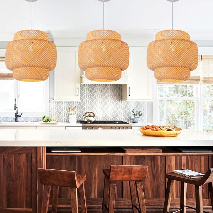 Bamboo Pendant Light,15.8" Rattan Chadelier | 15.75" Boho Bamboo Hanging Light,Hand Woven Rattan Chandelier for Kitchen Island Dining Bedroom Living Room Restaurant