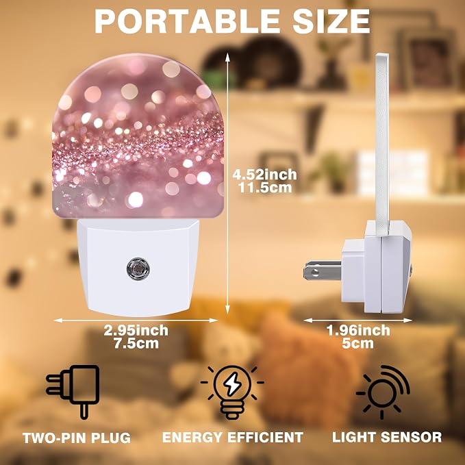 Night Lights Plug into Wall Rose Pink Glitter Night Light Dusk to Dawn Smart Sensor Decorative Round Led Lamp for Bedroom Kitchen Hallway Nightlight for Women Men