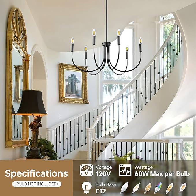 ropelux Dining Room Chandelier, 6-Light Black Farmhouse Light Fixtures Over Table, Hanging Height Adjustable Kitchen Island Lighting with E12 Base (Bulb not Included) for Foyer Bedroom Entryway