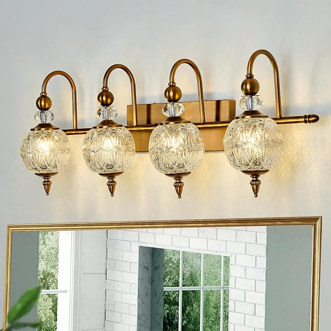 Piepooye Vintage Bathroom Light Fixtures Gold Vanity Light with Glass Globe LampShade 4 Lights Brushed Brass G9 Bulb Wall Sconce Antique Indoor Vanity Light Over Mirror for Kitchen Bedroom Living Room