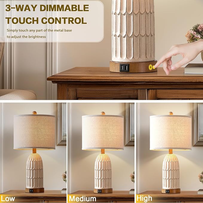 Touch Table Lamp for Bedroom Nightstand, Cream Farmhouse Vintage Rustic 3-Way Dimmable Bedside Lamps with 2 USB Charging Ports,Single Cream