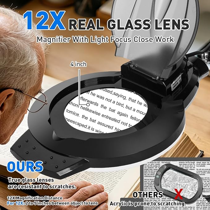 KIRKAS 12X LED Magnifying Lamp with Clamp, 2,200 Lumens Dimmable Bright | 35in Adjust Swivel Arm Magnifying Glass with Light for Repair Reading Craft Needlework Hobby Workbench Magnifier Dust Cover
