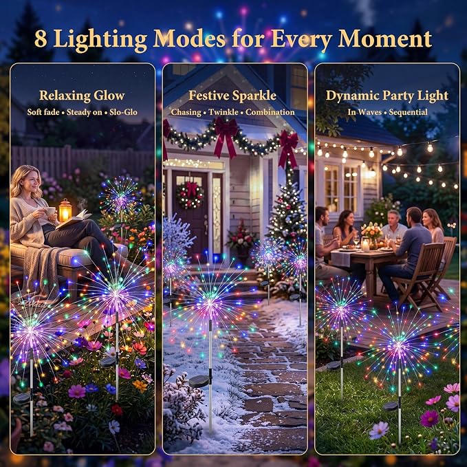 Solar Firework Lights Outdoor 2 Pack, 120LED Solar Starburst Garden Lights with 8 Modes, Waterproof Decorative Sparkle Light for Backyard, Garden, Patio Lawn Landscape & Halloween Party Decor