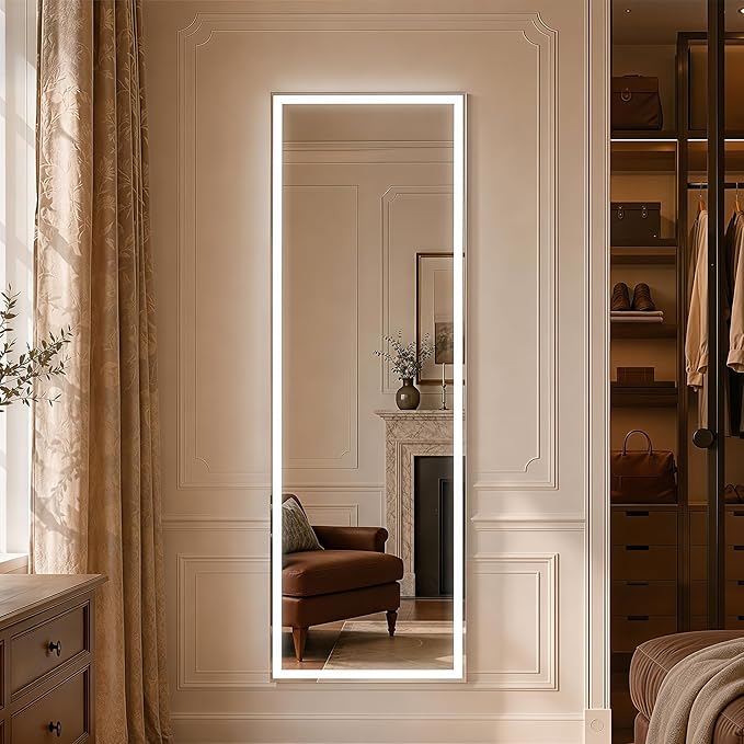 64"x21" Full Length Mirror with LED Lights, Hanging Mounted Mirrors, Aluminum Frame Mirrors with Dimming & 3 Color Lighting, Lighted Full Body Mirror for Bedroom, Dressing Room, Cloakroom