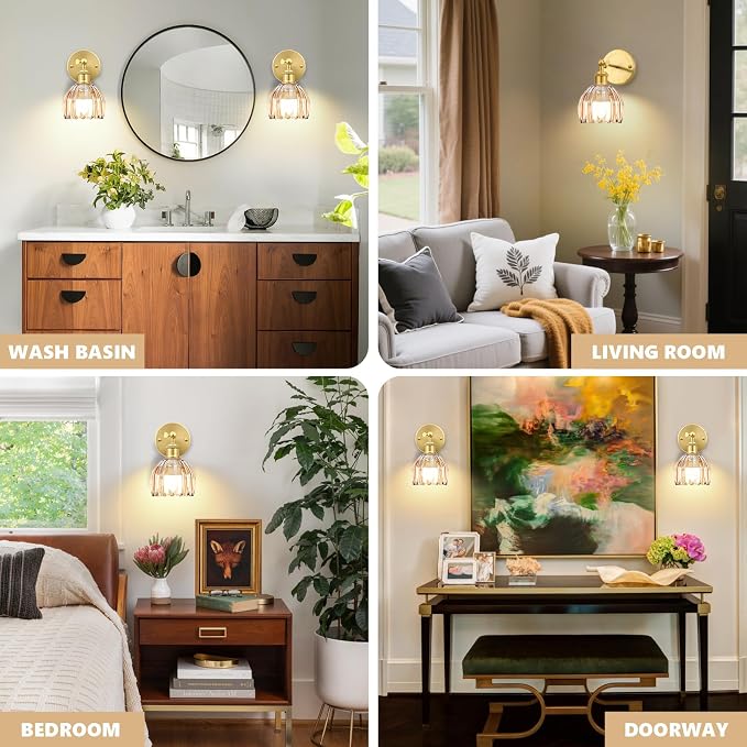 Vintage Battery Operated Wall Sconce, Amber Tulip Glass Lampshade Wireless Rechargeable Battery Powered LED Wall Light with Remote Dimmable for Bedside Bedroom Doorway Living Room, Set of 2