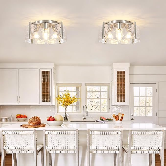 Modern Brushed Nickel Semi Flush Mount Ceiling Light, 4-Light Glass Drum Flush Mount Light Farmhouse Lights Kitchen Lighting Fixtures for Foyer Entryway Hallway Bathroom Bedroom Laundry Room