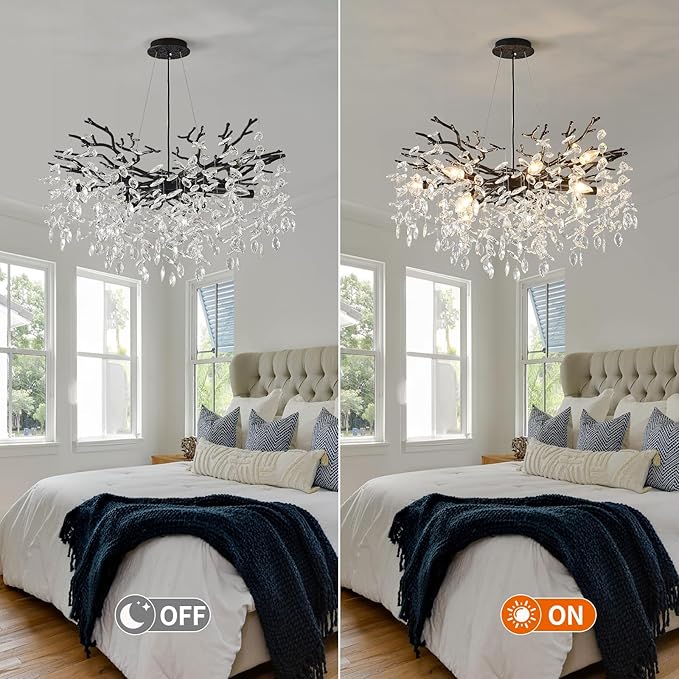 EGM Tree Branch Crystal Chandelier, 32 Inch Living Room Black Crystal Chandelier 10-Light(E12), Hanging Branch Chandeliers for Dining Room Bedroom Foyer