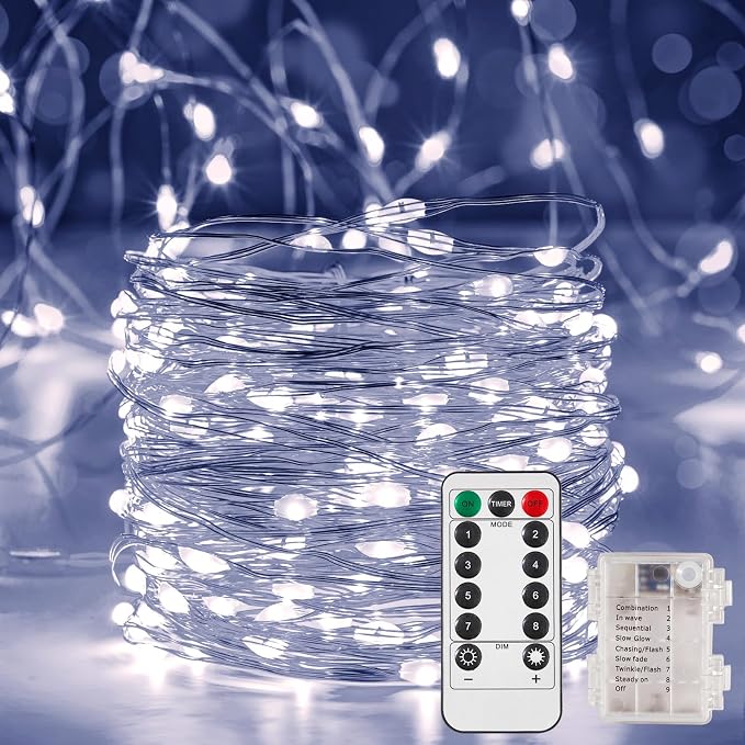 Ariceleo 1 Pack 16.4 Ft. Battery Operated Outdoor String Lights with Remote & Timer, LED Cool White Fairy Lights, Waterproof Twinkle Lights for Bedroom, Dorm, Mason Jar, Wedding, Party, Christmas