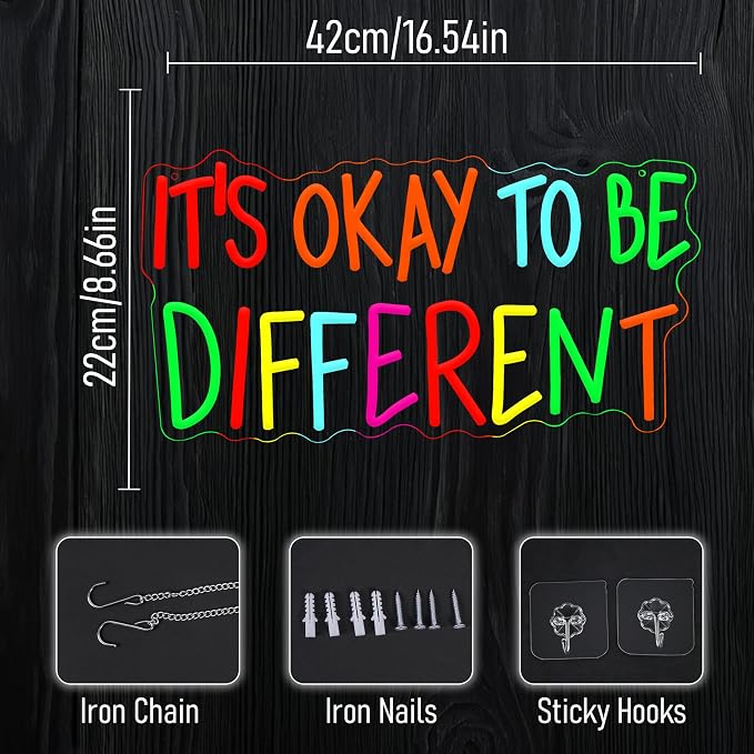 It's Okay To Be Different Neon Sign Multiple Colors Words Light Sign Dimmable Inspirational Affirmation Neon Light for Wall Decor Office Bedroom Pub Party Shop(16.54 * 8.66In)