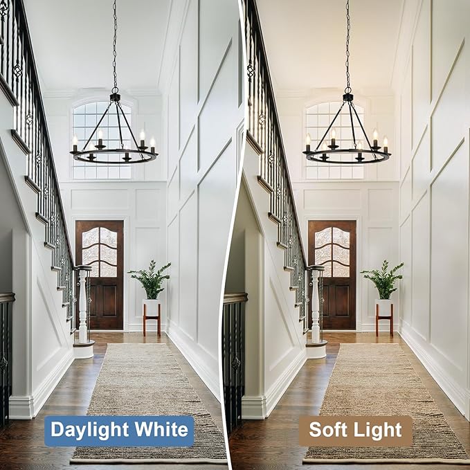 Black Farmhouse Chandelier, 6-Light Wagon Wheel Chandelier with Adjustable Height, Dining Room Light Fixture, Hanging Lights for Kitchen Island, Living Room, Bedroom, Entryway, E12 Base