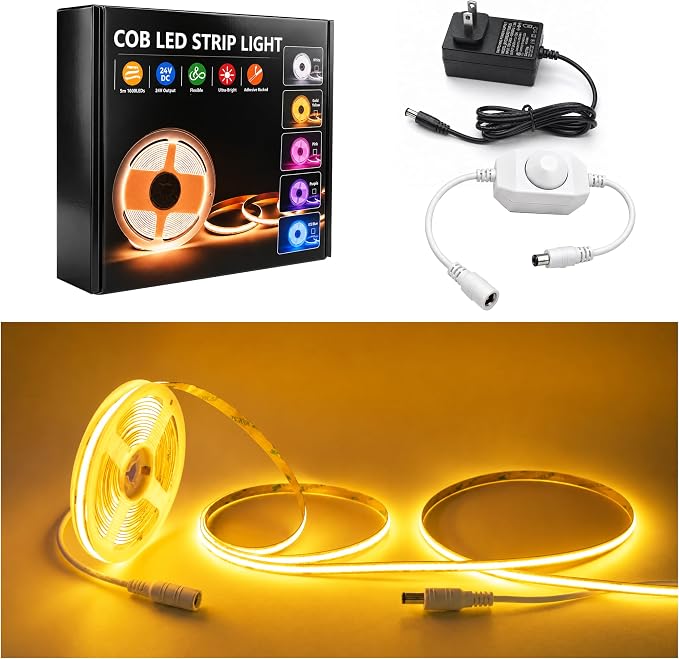 LED Strip Lights 24V COB Gold Yellow Dimmable led Lighting16.4ft (Kit) | Super Bright, Dotless High Density 7.2W/m, 8mm Width Cuttable Flexible, Home DIY Commercial Decoration