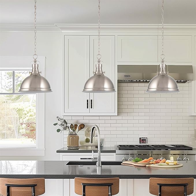 Kira Home Belle 14" Modern Industrial Pendant Light for Kitchen Island | Classic Dome Metal Shade, Retro Mid-century Profile Design, Premium Brushed Nickel Finish Ceiling Hanging Fixture