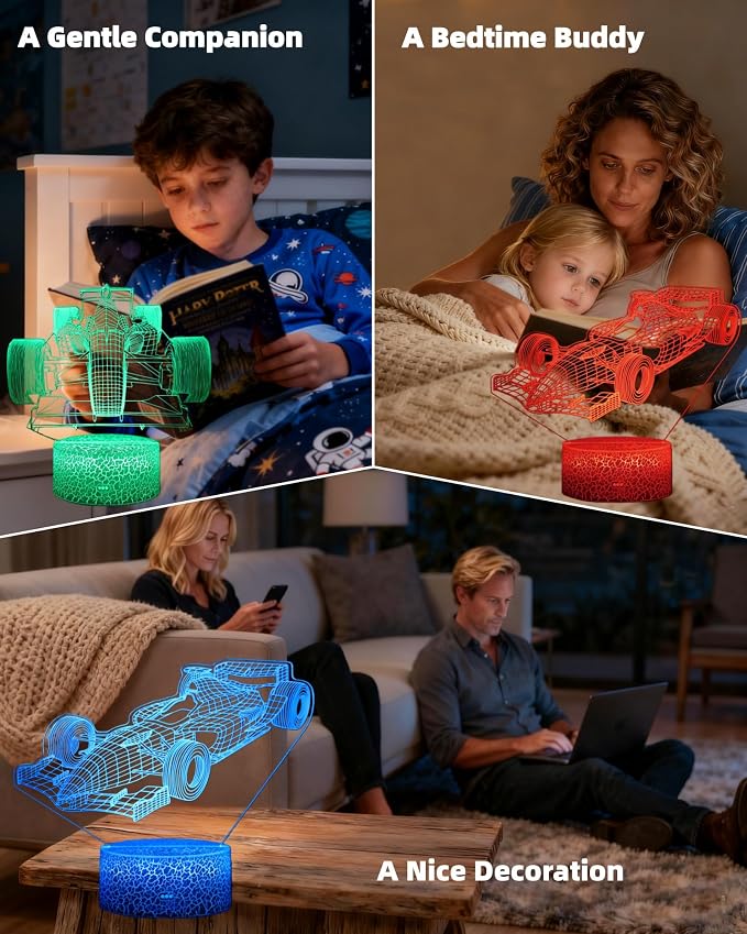 Racing Car 3D Illusion Night Light Boy Gift, 2 Patterns 16 Colors | 16 Colors Changing Lamp, Dimmable, Touch & Remote Control, Kid Teenager Girl Toy, Birthday Christmas, Room Bedroom Décor