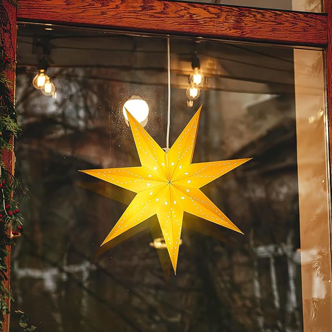 Paper Star Lantern Lamp Shade Christmas Hanging Stars Garland Hollow out Xmas Tree Topper Hanging Ornament for Wedding Birthday New Year Party Home Decor for Indoor and Outdoor 17.7 Inch