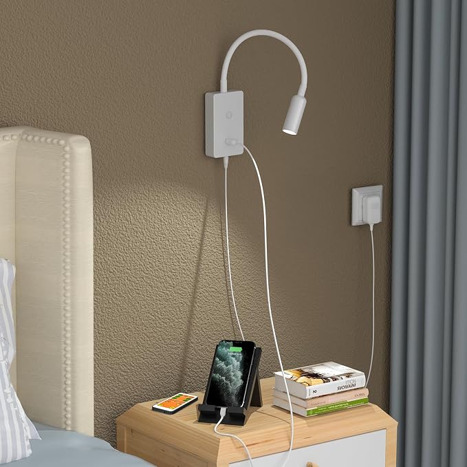 LED Wall Mounted Bedside Reading Light with Wireless Remote Control, White Flexible LED Bedroom Wall Spot Lamp, Dimmable Neutral White 4000K Lighting, Timer Function, 5V2A USB Output