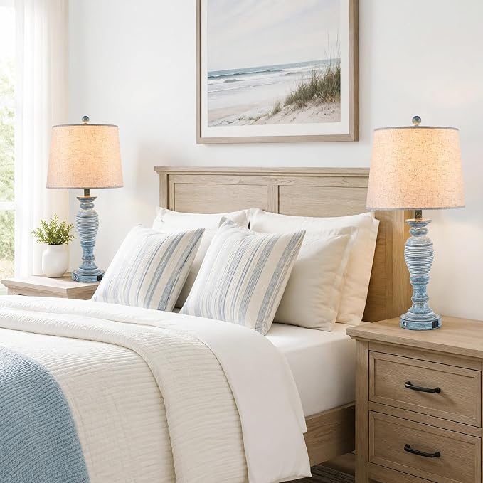 Farmhouse Table Lamps for Living Room, Touch Control, Set of 2 | 27.7" Table Lamps for Bedroom, Nightstands, Hallways, Bedside, 3 Way Dimmable Touch Contorl, USB A+C Ports, Bulbs Included