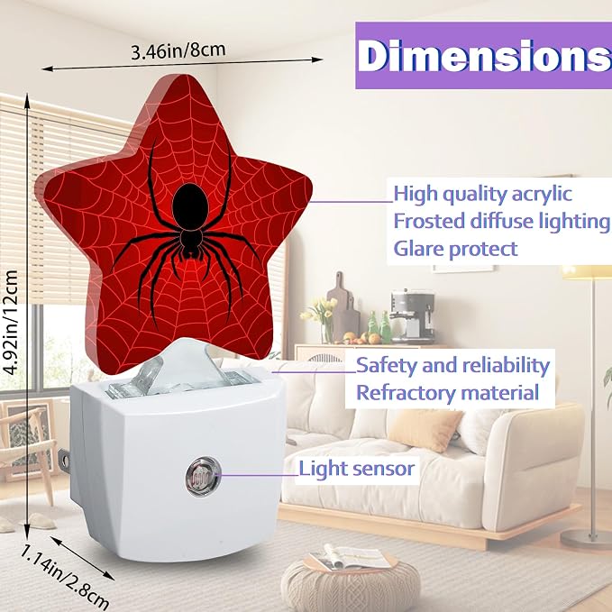 Night Lights Plug Into Wall Decorative,Black Spider Nightlights for Kids Bedroom, Red Spider Web Energy Efficient Dusk-to-Dawn Sensor Sleep Friendly Lamp for Nursery Bathroom