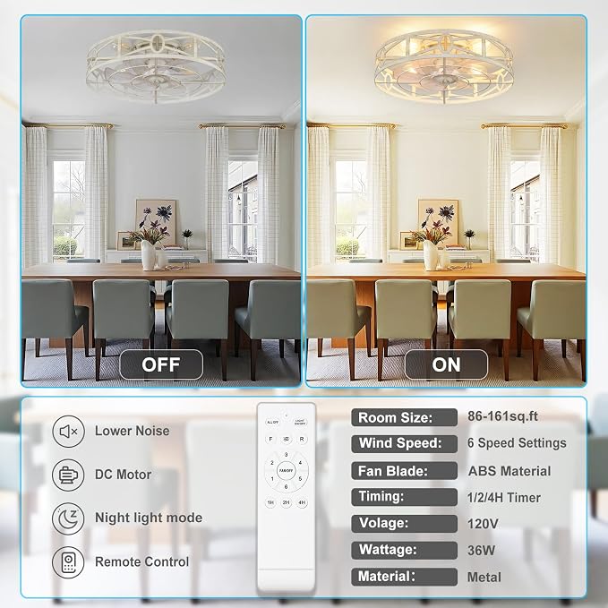 Depuley Flush Mount Ceiling Fan: 20" Caged Ceiling Fans with Remote Control for Patio Kitchen Bedroom - Low Profile Fandelier Lights Fixture Reversible 6 Speed Timer Cement 4*E26 Bulb Not Included