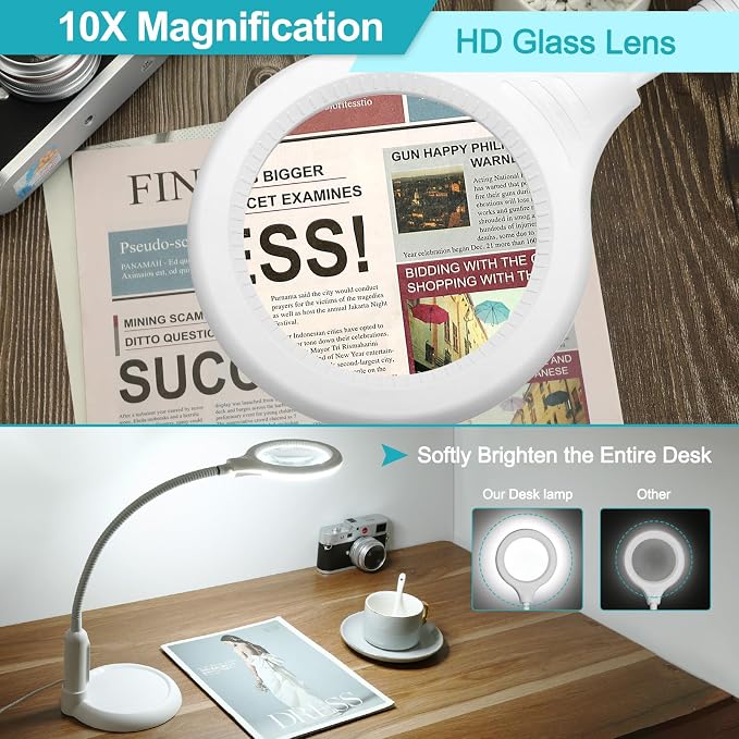 10X Magnifying Glass with Light and Clamp, 5 Color Modes Stepless Dimmable Lighted Magnifier with Stand, Flexible Gooseneck LED Desk Lamp Hands Free for Craft Painting Hobby Close Work